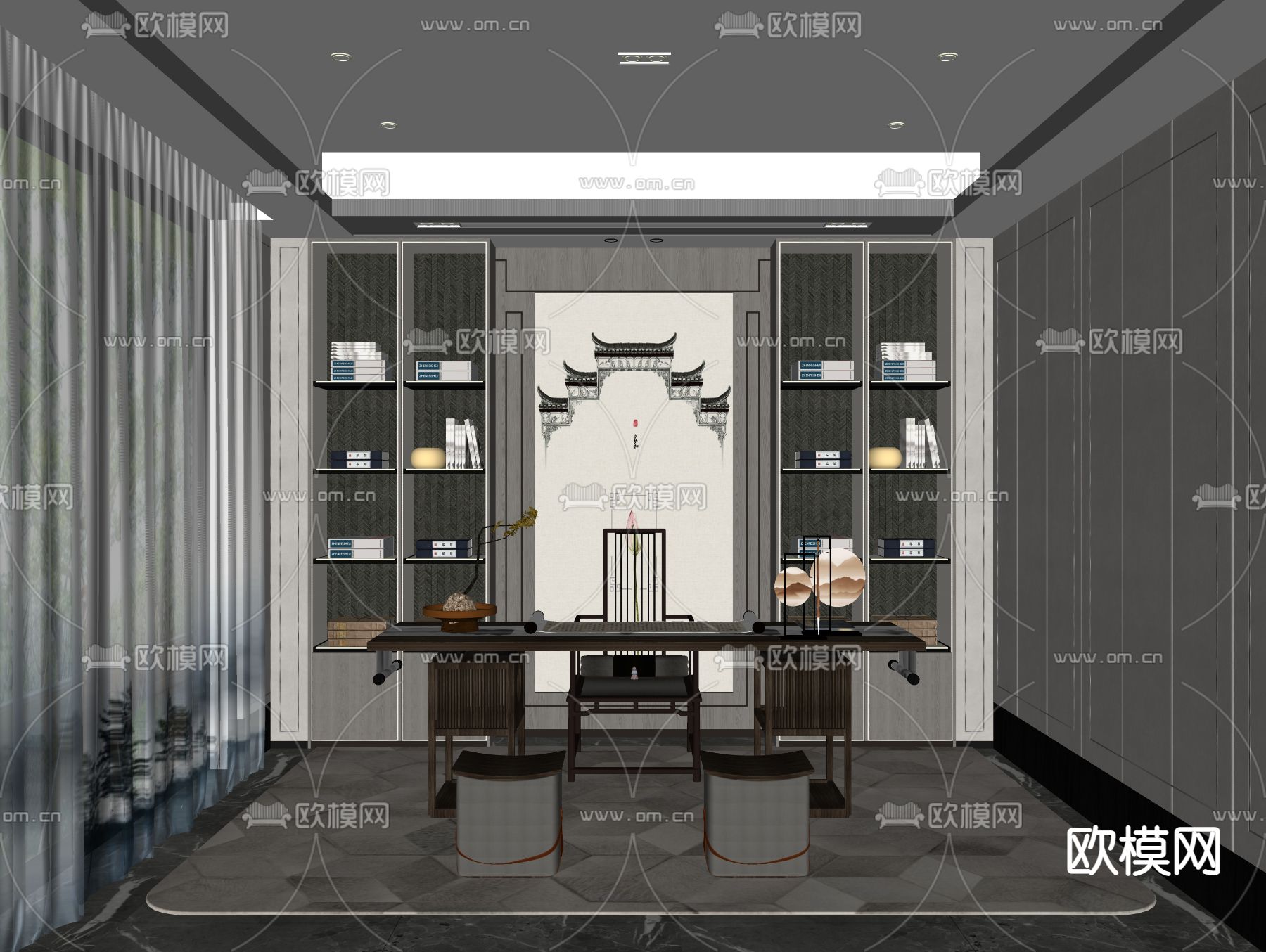 新中式书房su模型下载（渲染图2）