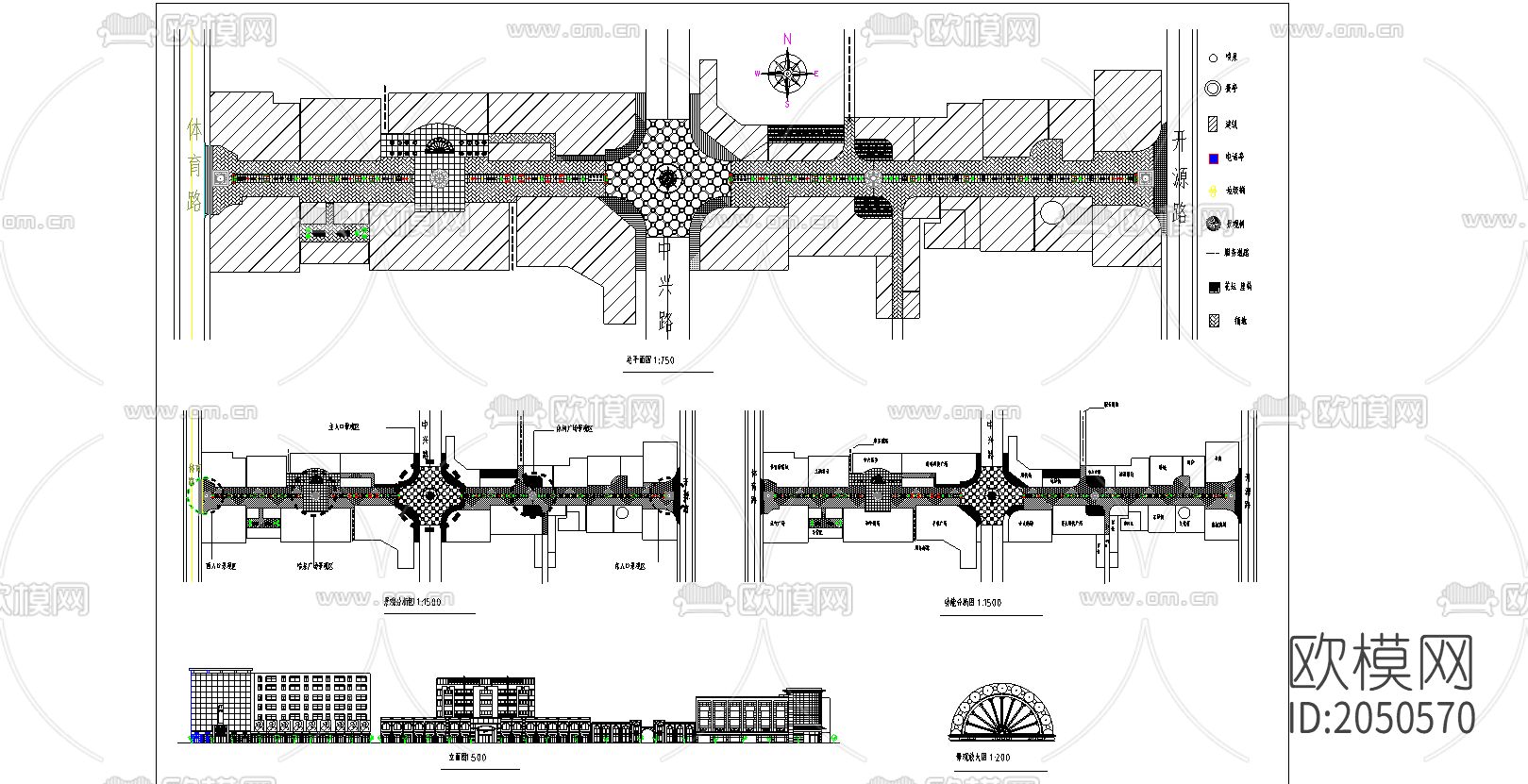 步行街cad施工图下载（渲染图2）