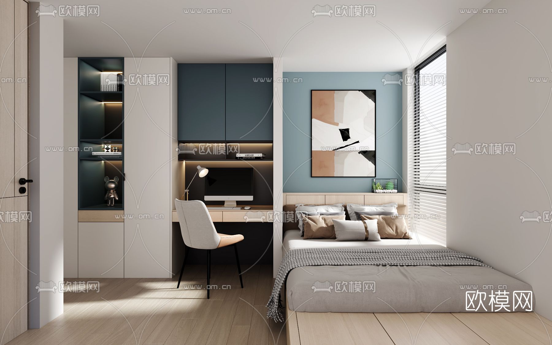 现代榻榻米卧室免费3d模型下载（渲染图1）