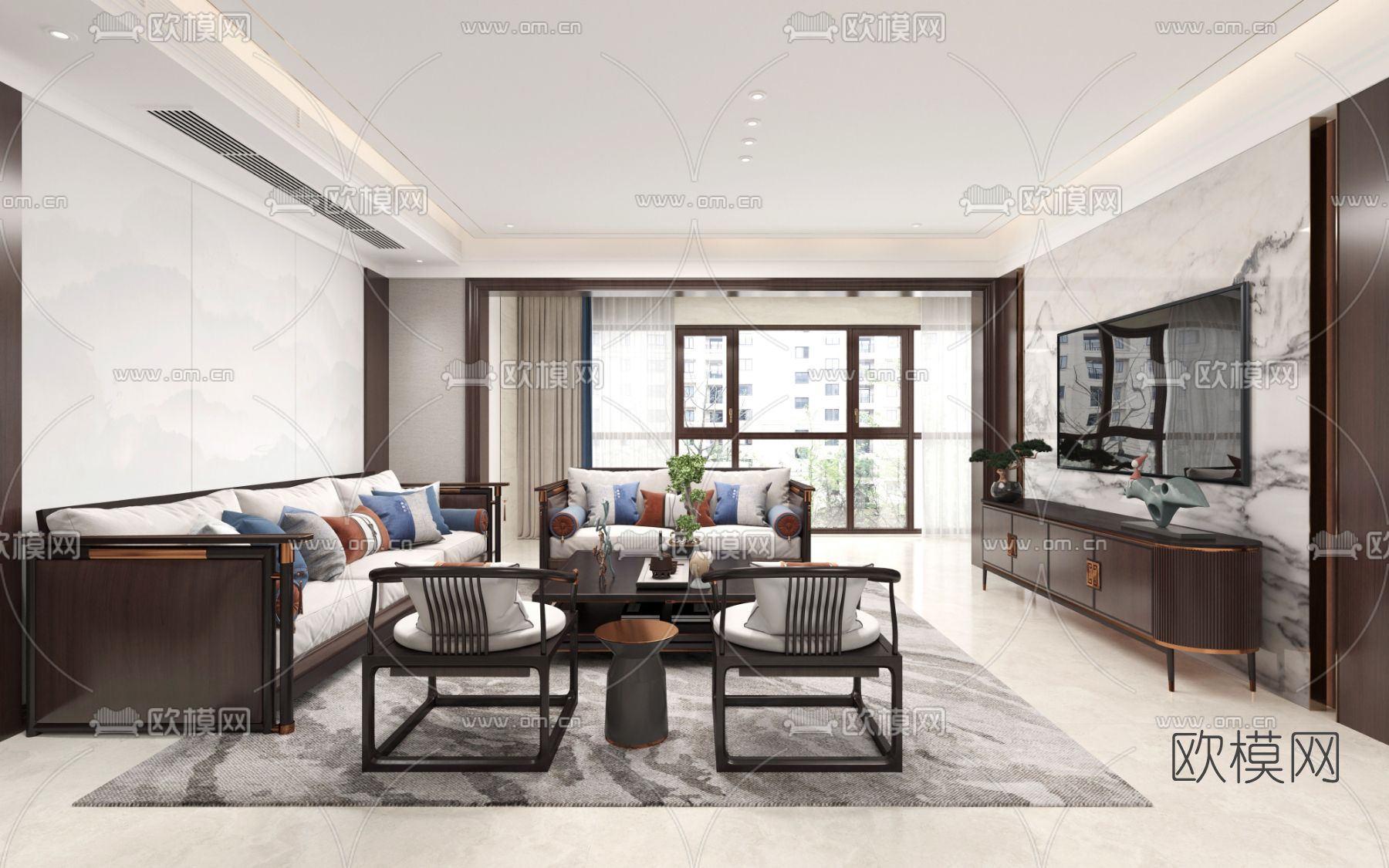 新中式客餐厅免费3d模型下载（渲染图1）