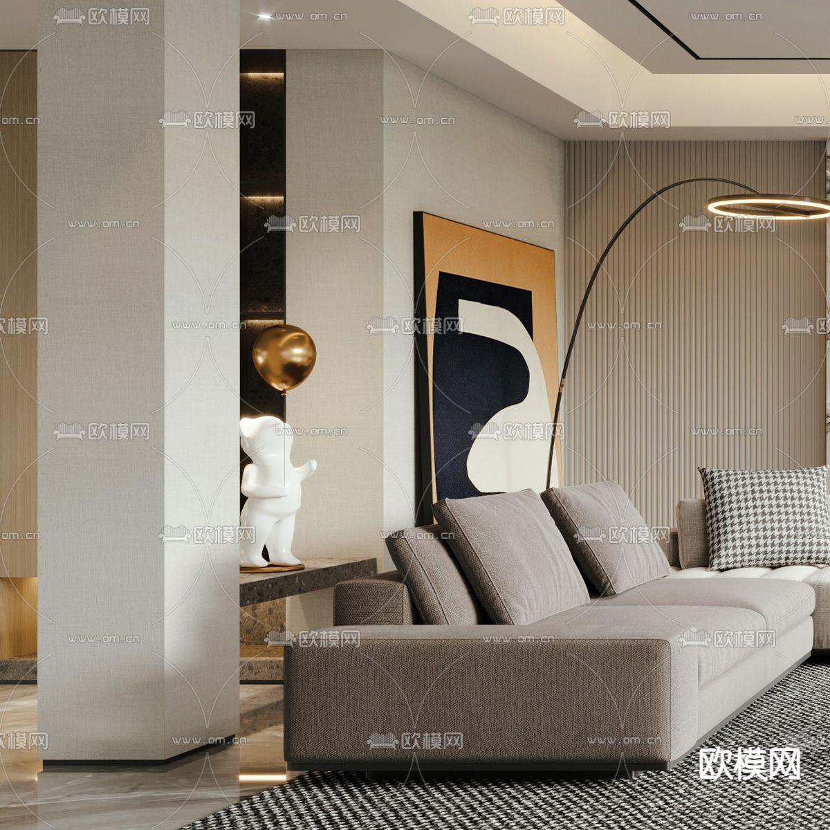 现代布艺转角沙发组合3d模型下载（渲染图2）