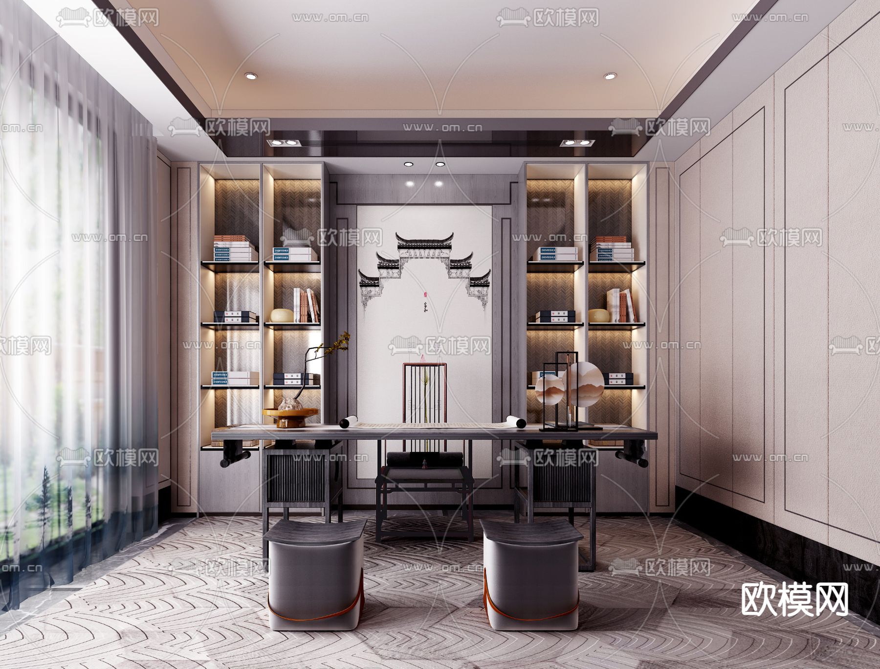 新中式书房su模型下载（渲染图1）