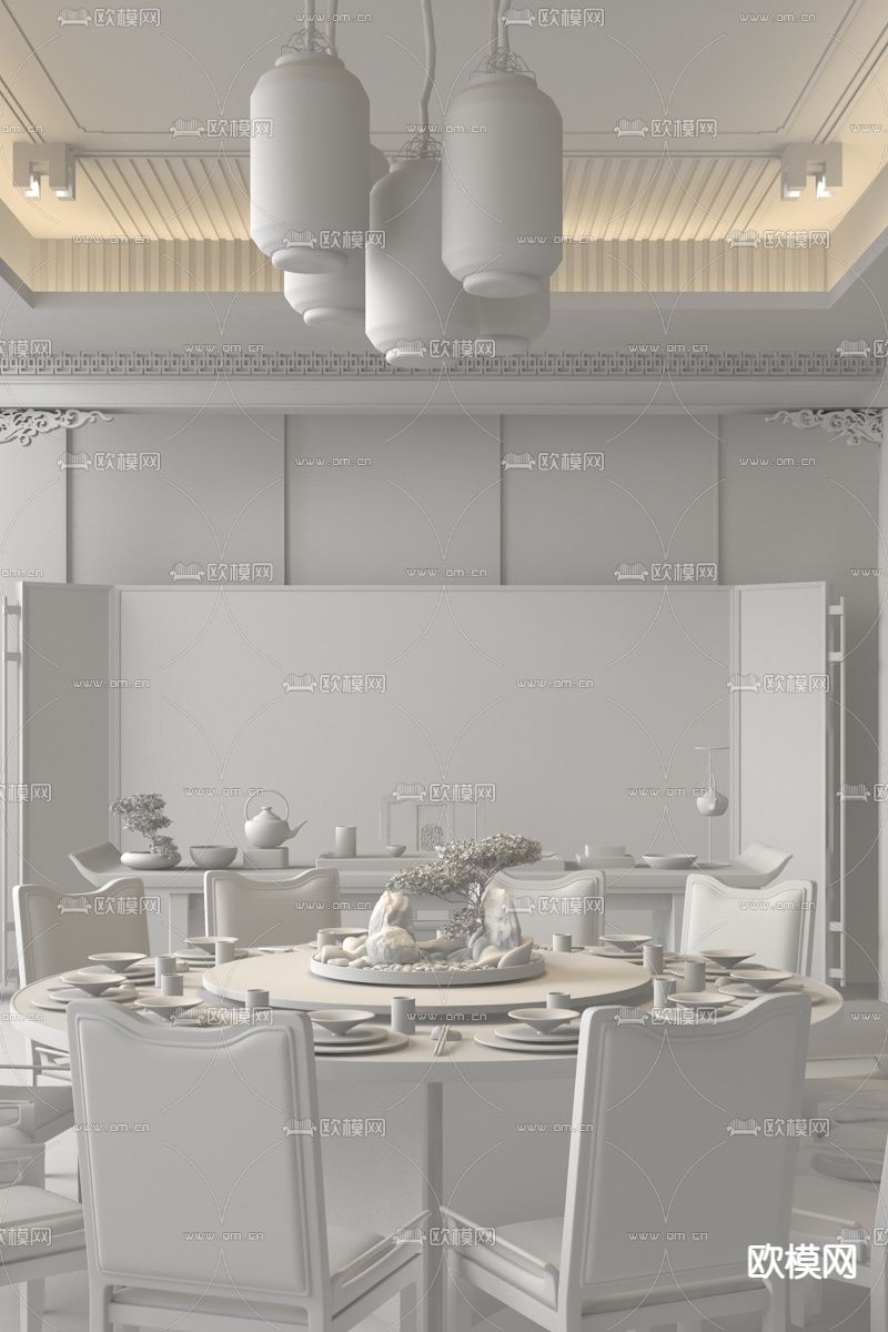 盘石设计 新中式餐厅包房3d模型下载（渲染图2）