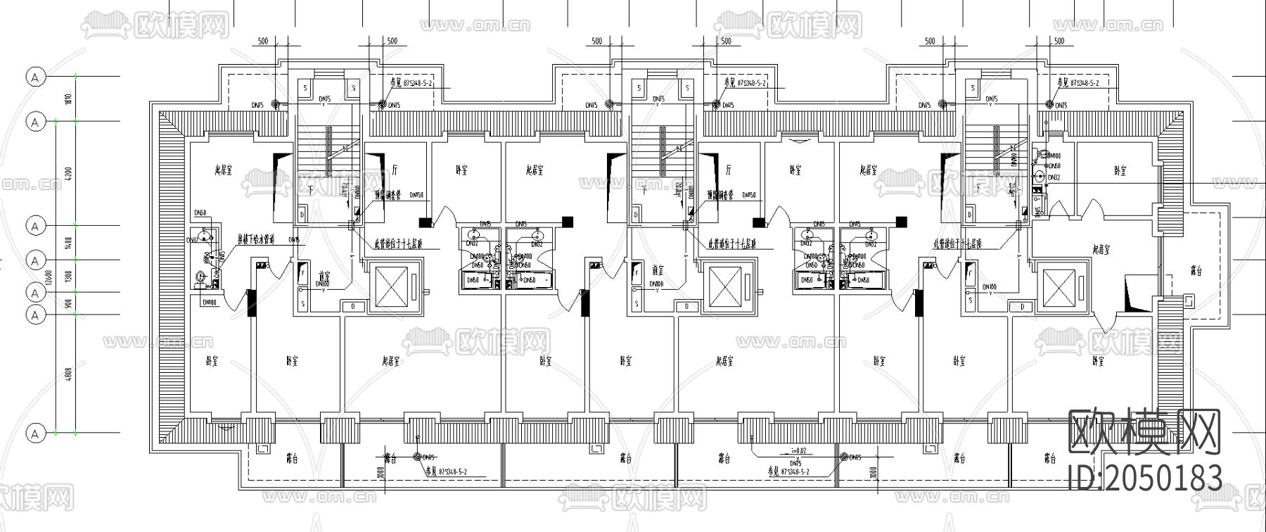 小区高层商品房给排水cad施工图下载（渲染图3）