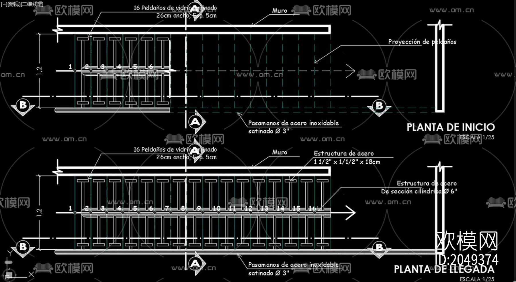 玻璃栏杆楼梯节点大样下载（渲染图1）