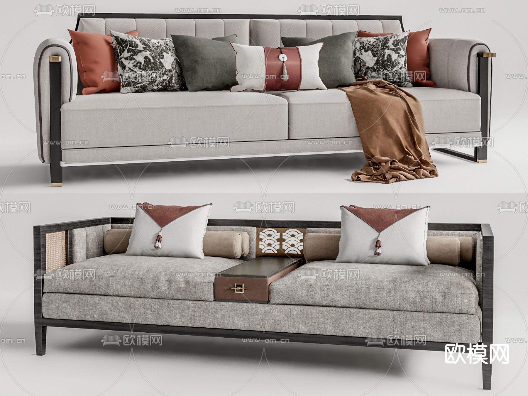 新中式布艺多人沙发su模型下载（渲染图1）