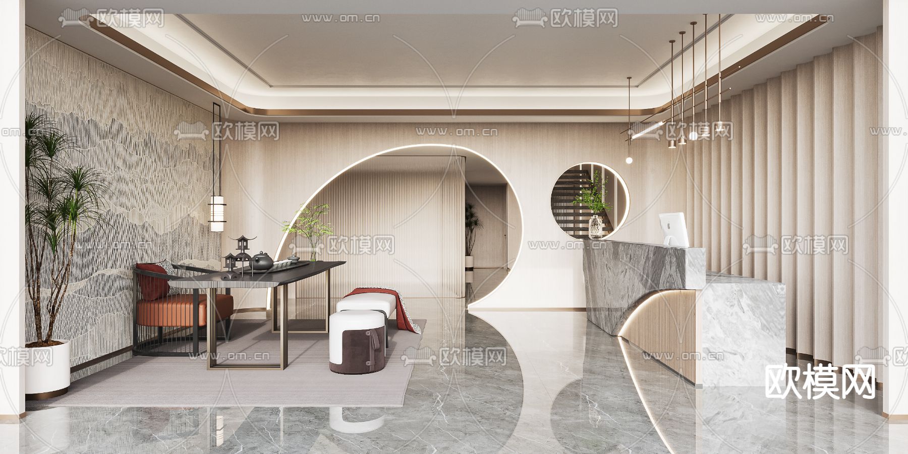 新中式前台接待区3d模型下载