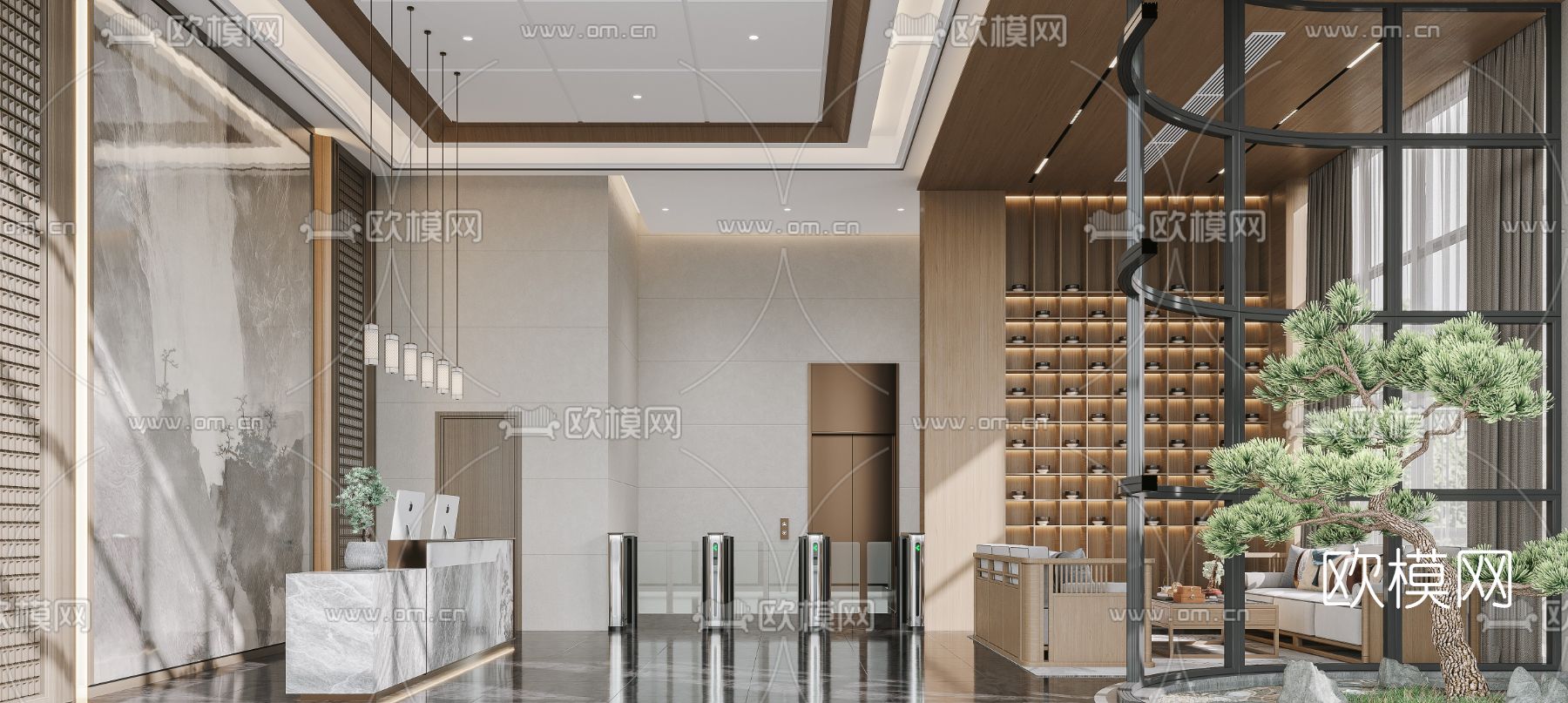 新中式办公大堂3d模型下载