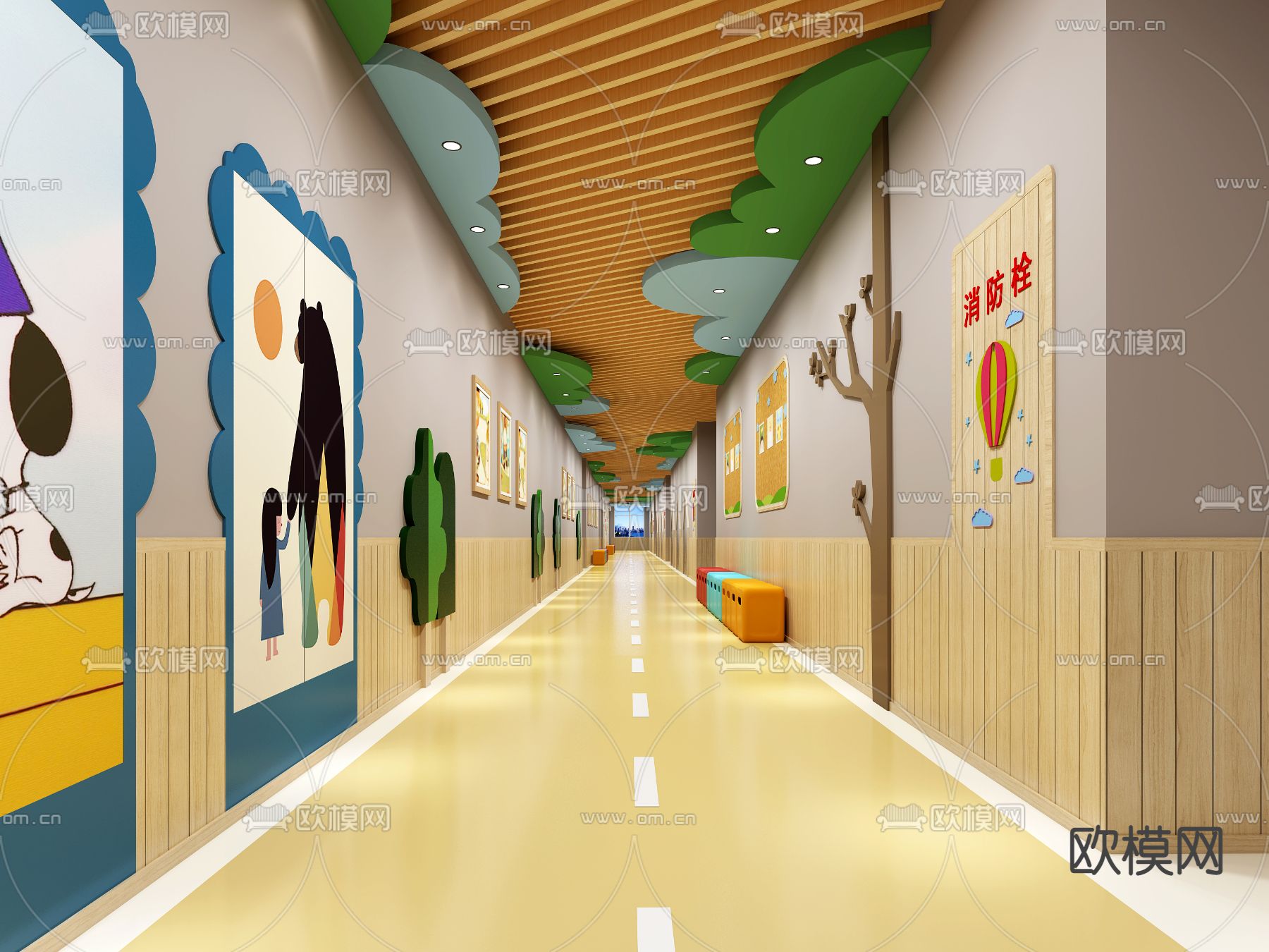 现代教室走廊免费3d模型下载（渲染图2）