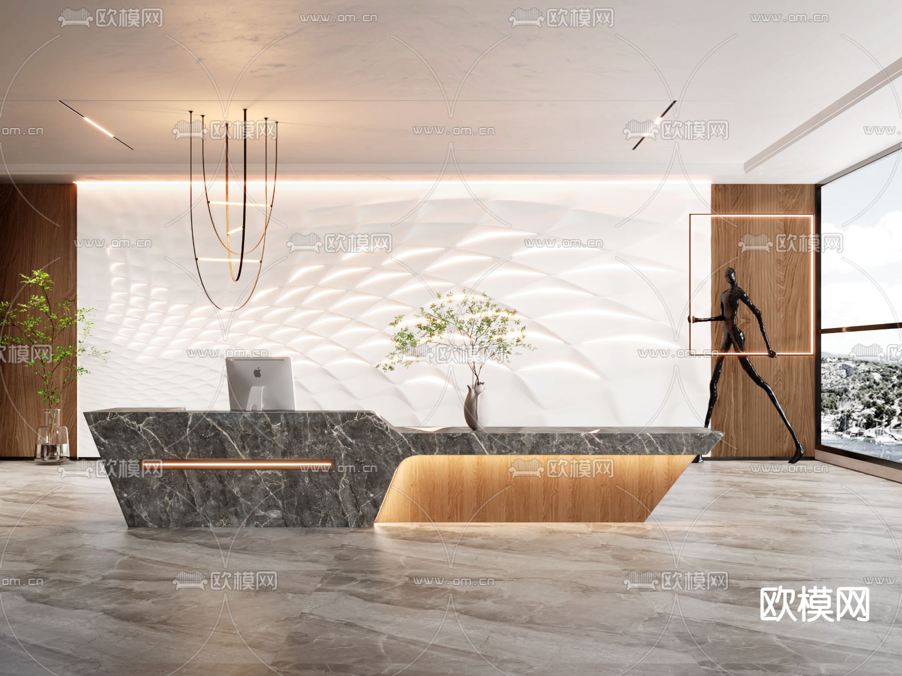 现代办公前台su模型下载（渲染图1）