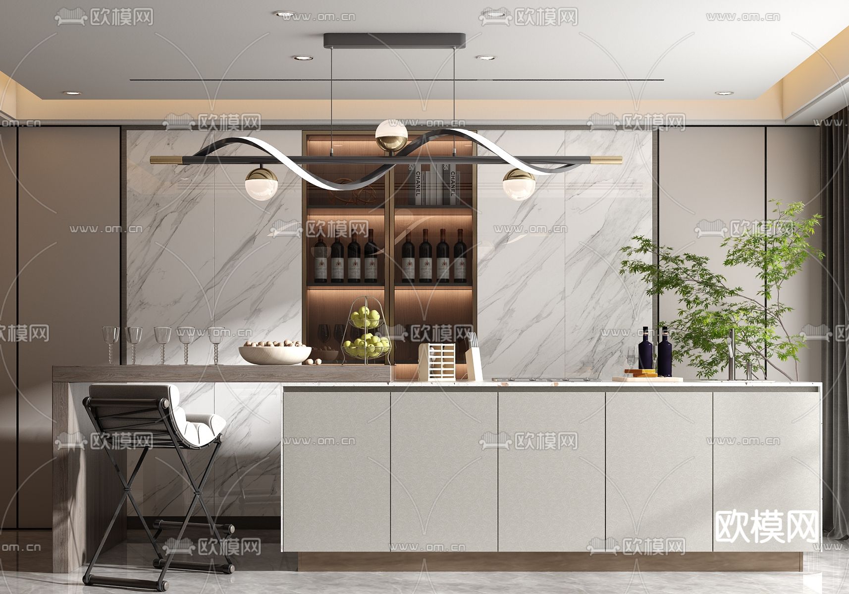 现代轻奢吧台吧椅3d模型下载