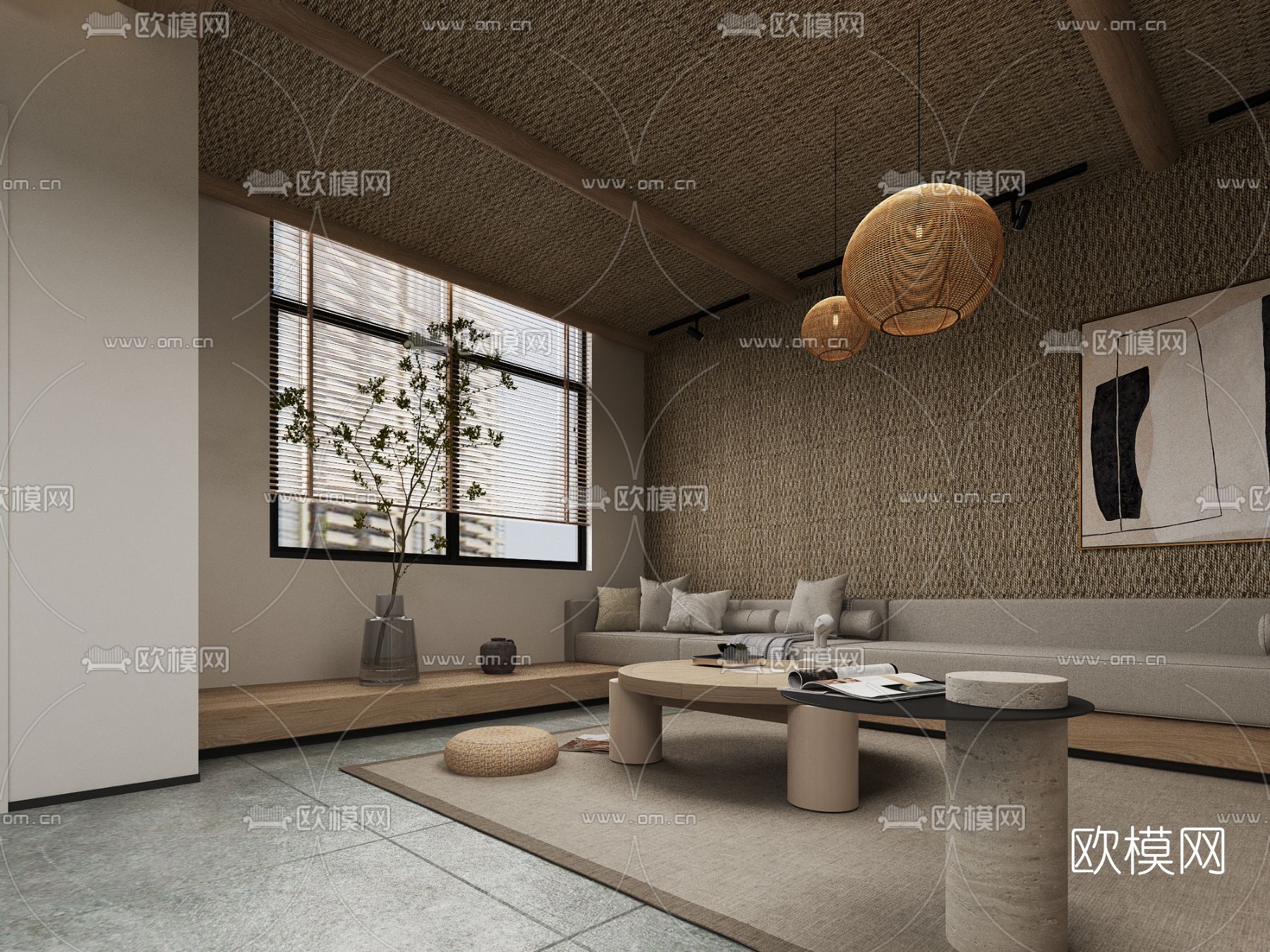 日式复式客厅餐厅3d模型下载（渲染图1）