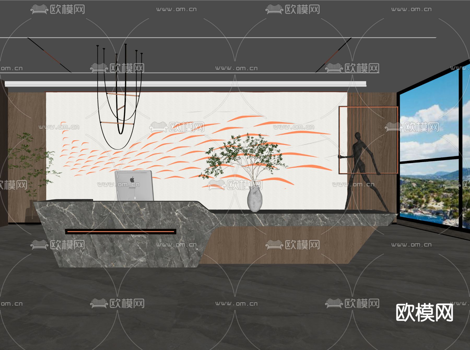 现代办公前台su模型下载（渲染图2）