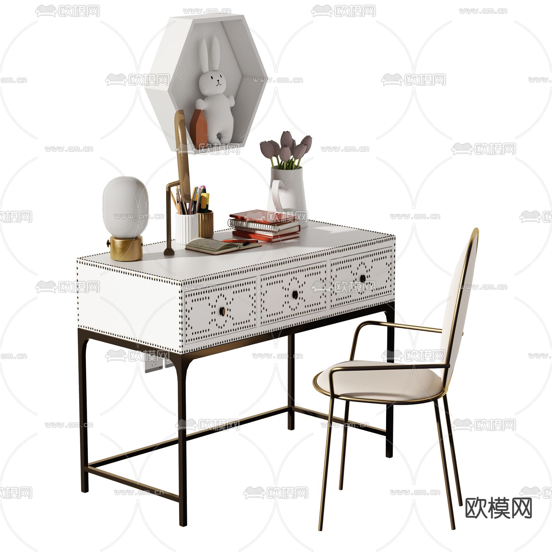 简欧书桌椅组合3d模型下载