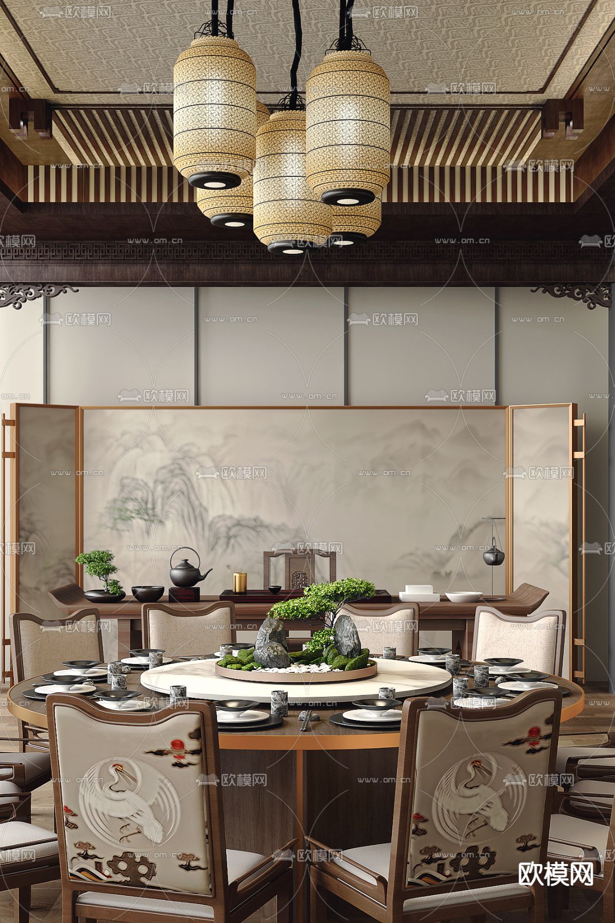 盘石设计 新中式餐厅包房3d模型下载（渲染图1）