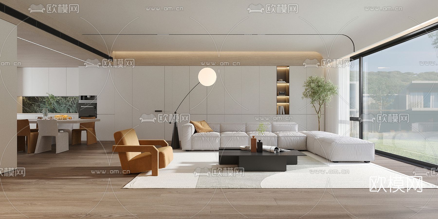 现代极简客餐厅免费3d模型下载（渲染图1）