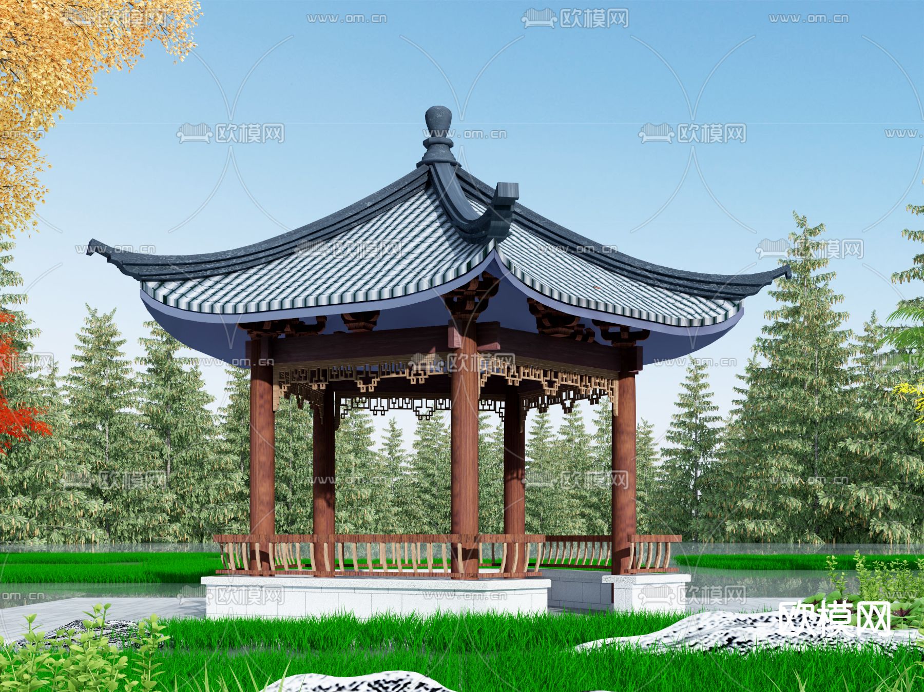 中式凉亭免费3d模型下载