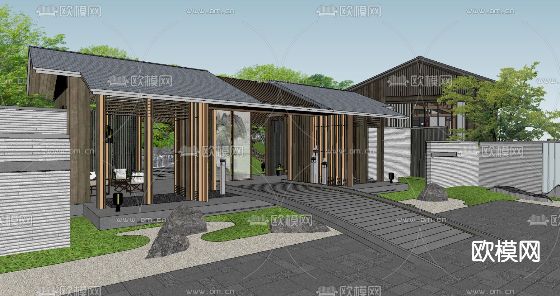 中式山间民宿su模型下载（渲染图2）