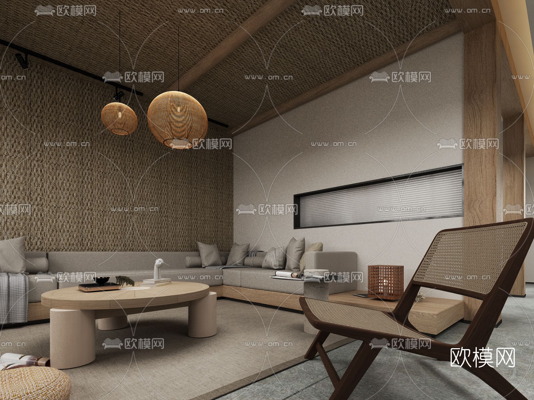 日式复式客厅餐厅3d模型下载（渲染图3）