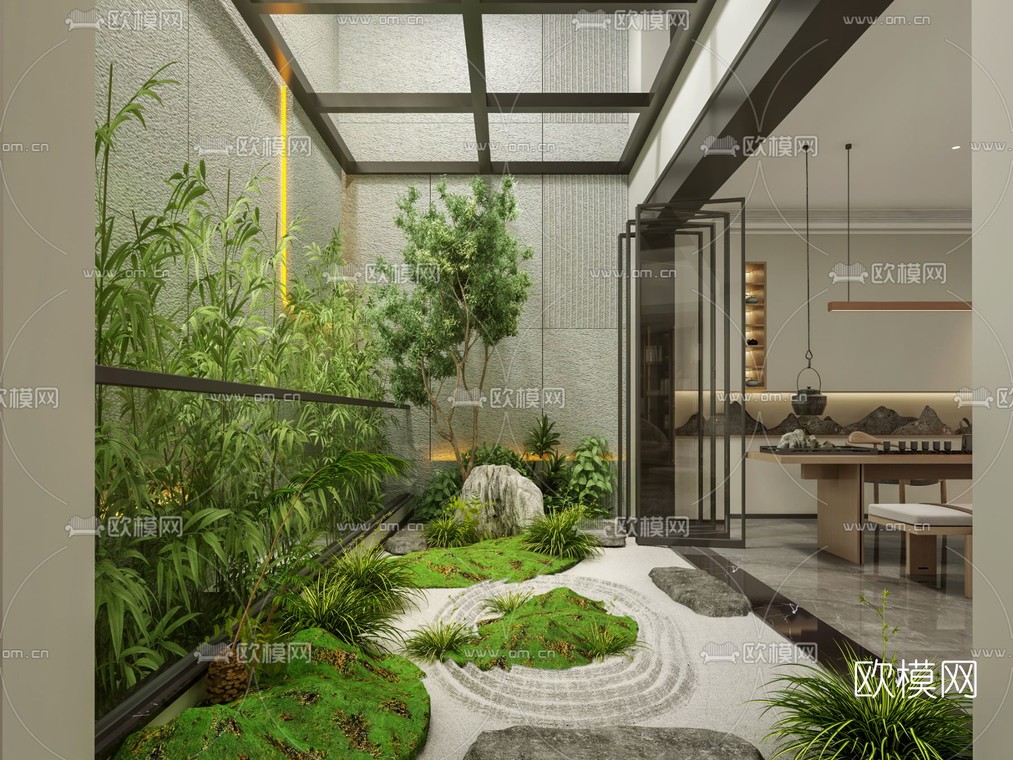 新中式别墅天井景观3d模型下载_ID11894504_3dmax免费模型-欧模网