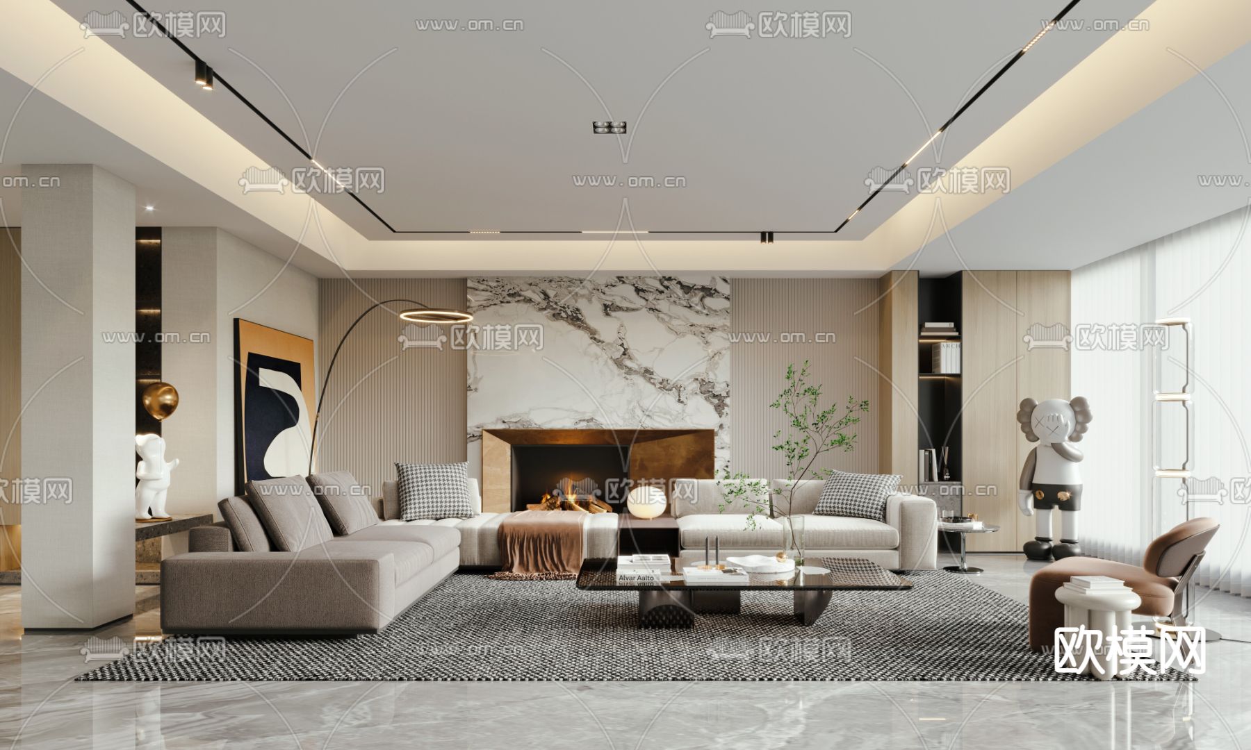 现代布艺转角沙发组合3d模型下载（渲染图1）