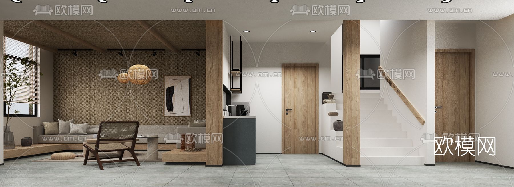 日式复式客厅餐厅3d模型下载（渲染图7）