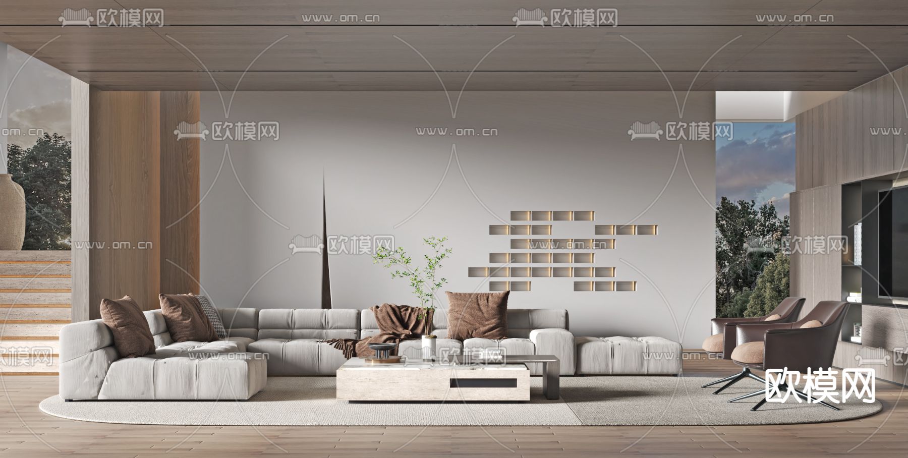 现代布艺转角组合沙发3d模型下载（渲染图1）