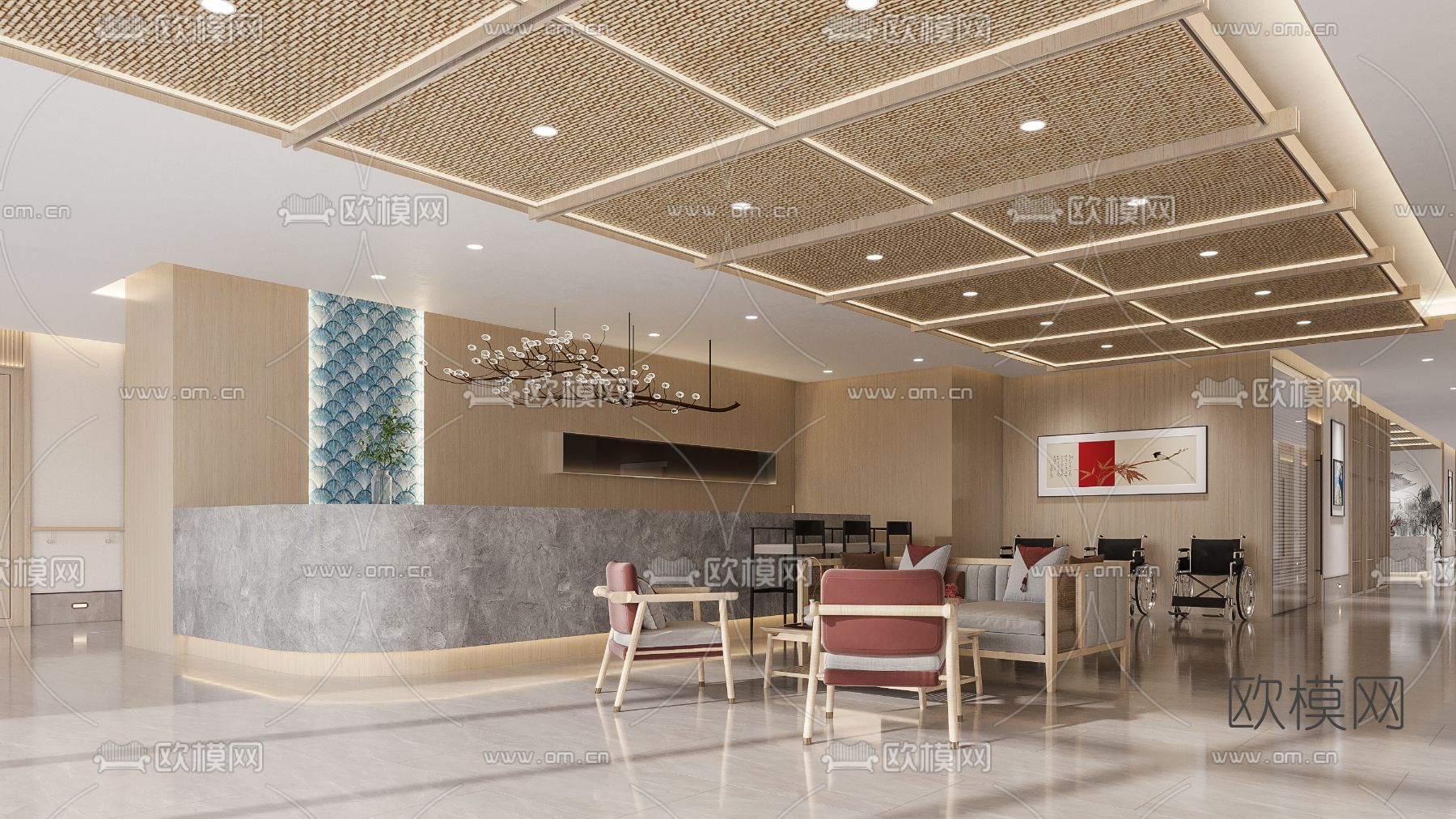 新中式医院护士站大厅电梯间3d模型下载（渲染图1）