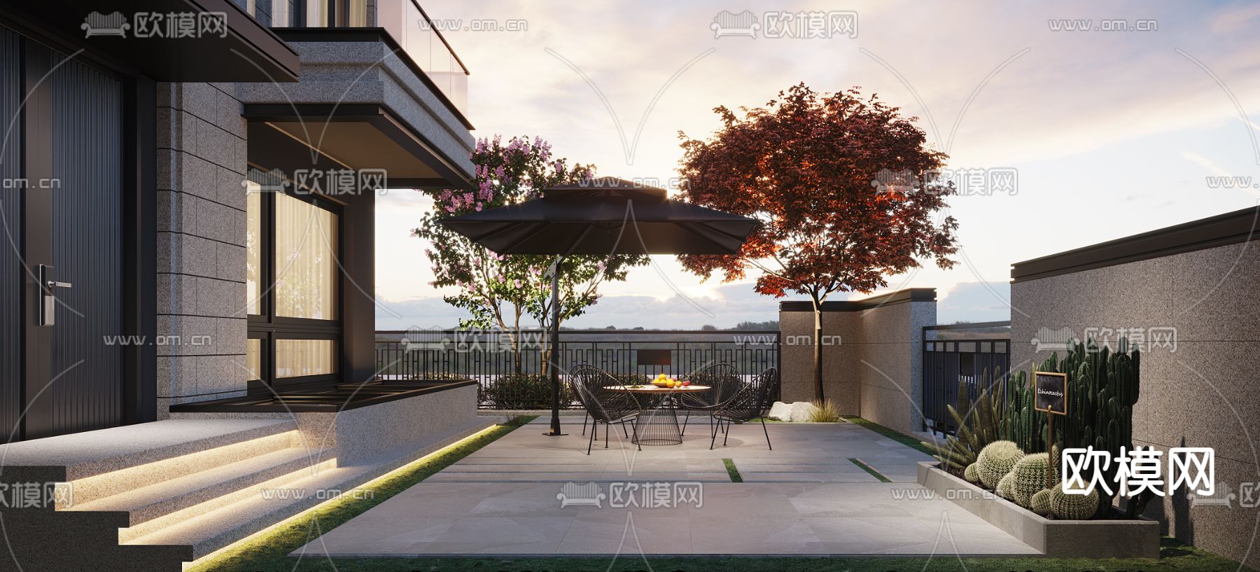 现代别墅庭院花园3d模型下载