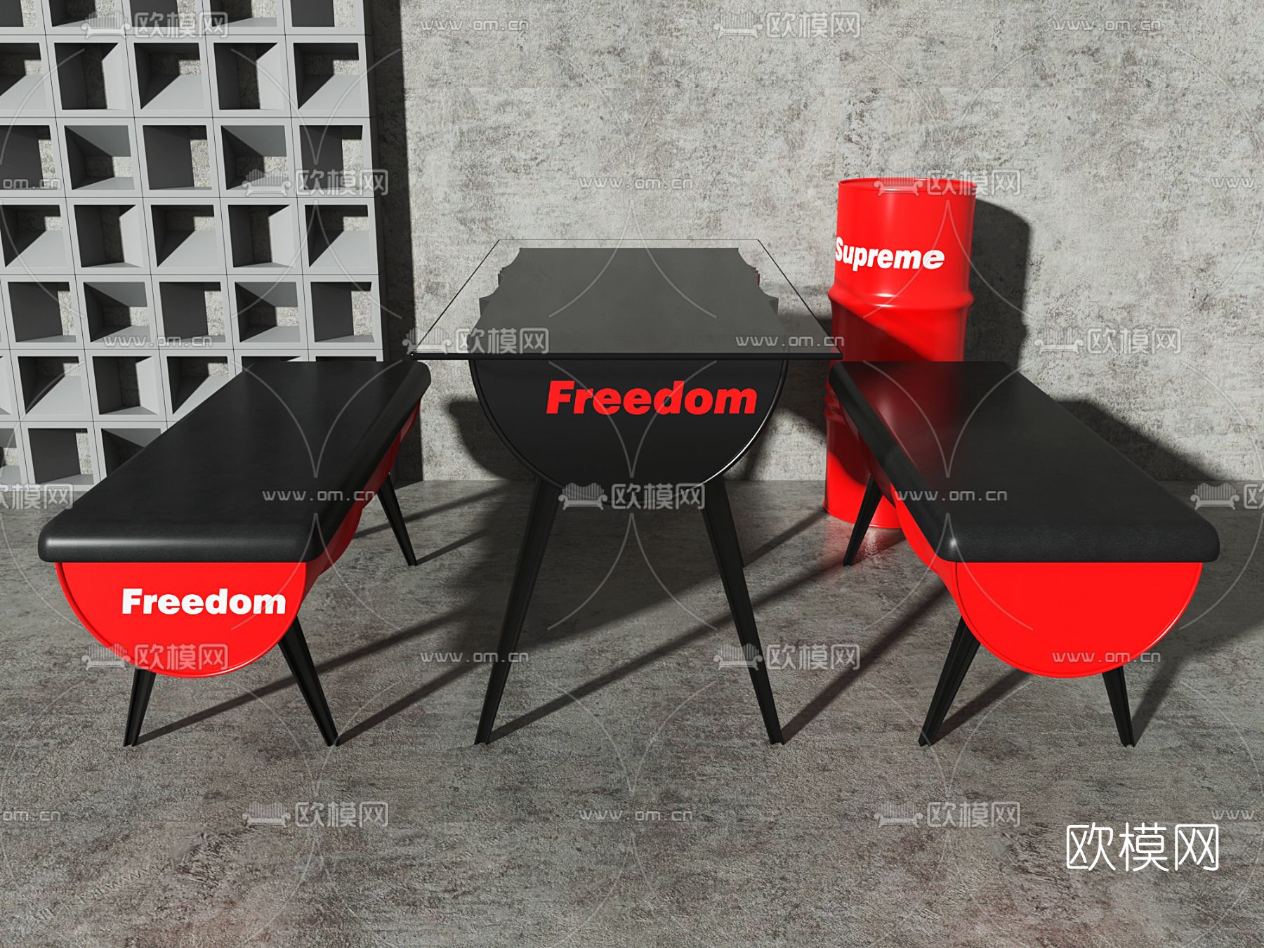 工业风油桶餐桌椅3d模型下载（渲染图1）