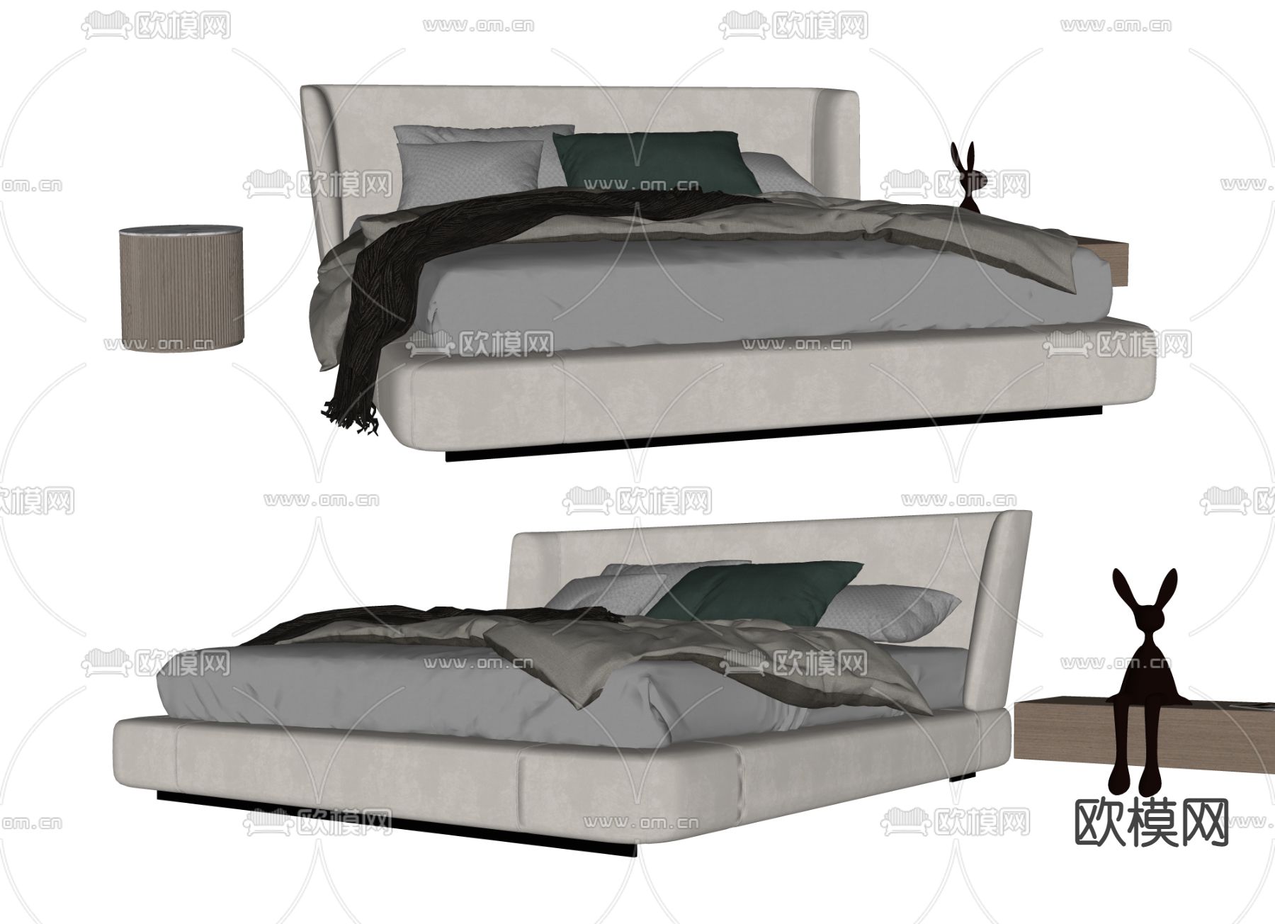 现代布艺双人床su模型下载（渲染图2）