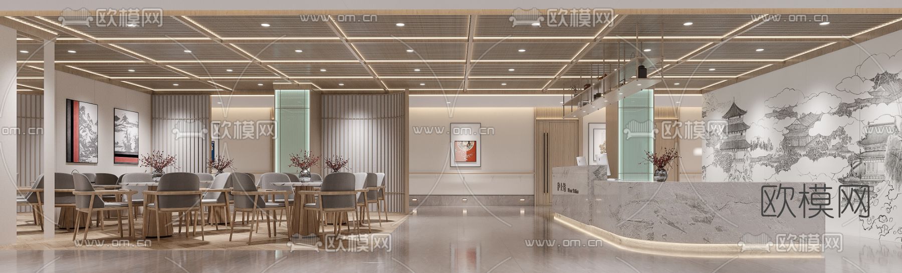 新中式医院护士站大厅电梯间3d模型下载（渲染图2）