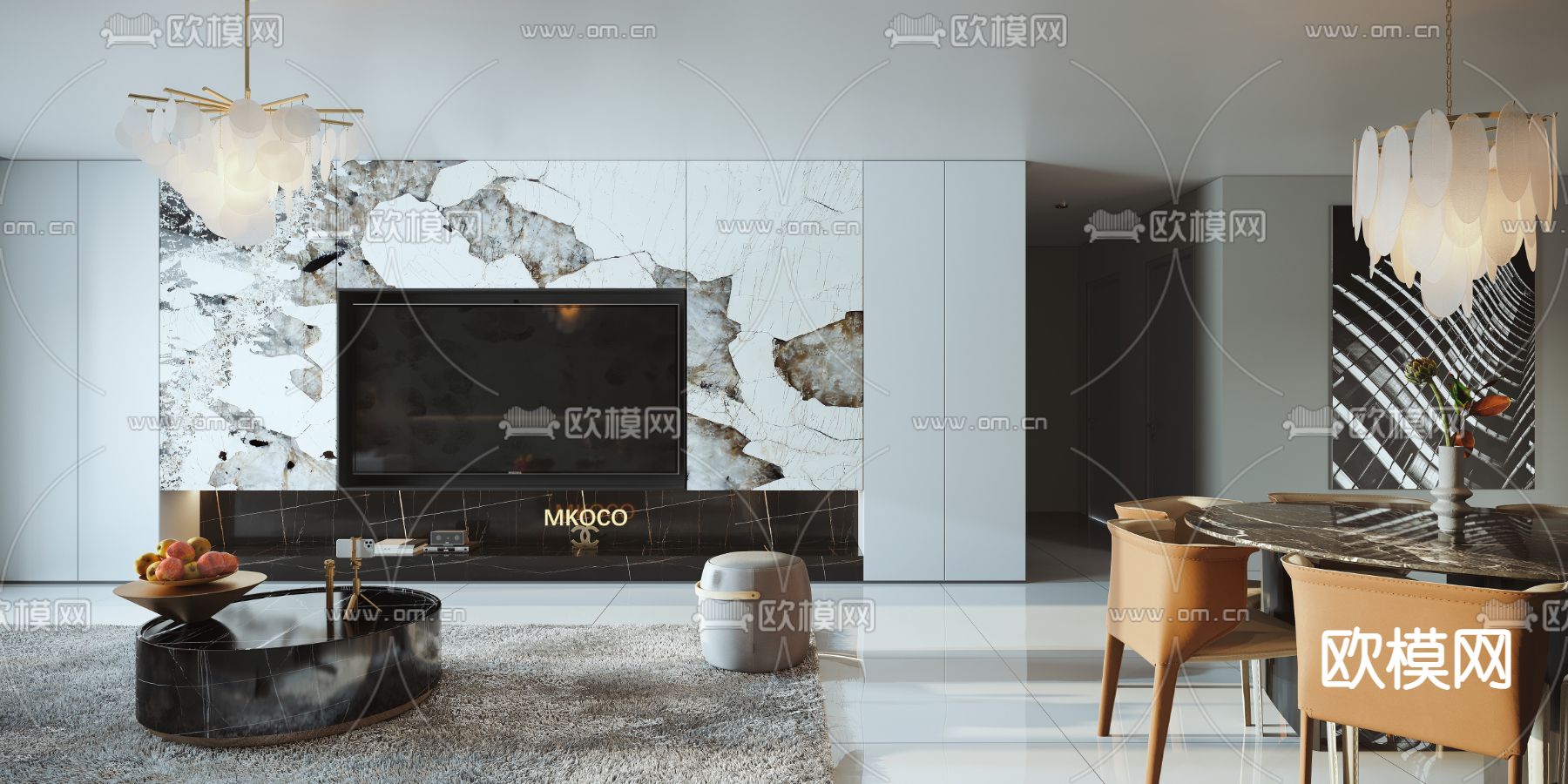 现代高级灰客厅餐厅3d模型下载（渲染图2）