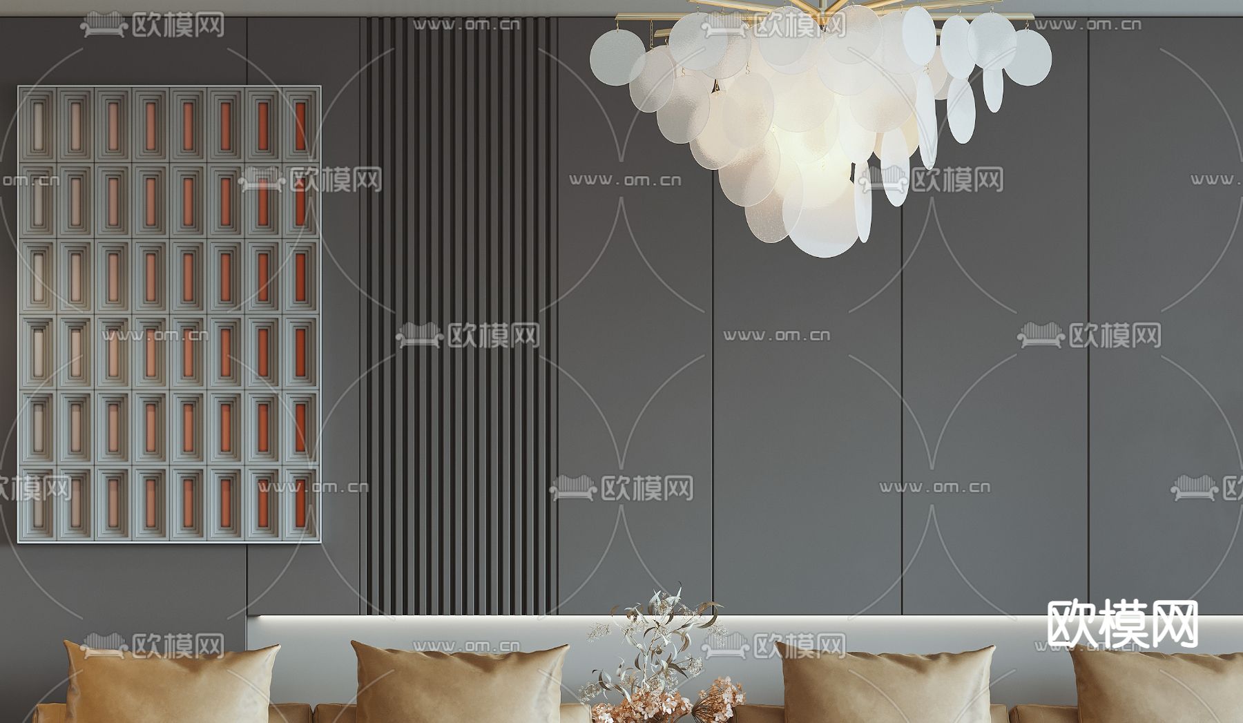 现代高级灰客厅餐厅3d模型下载（渲染图4）