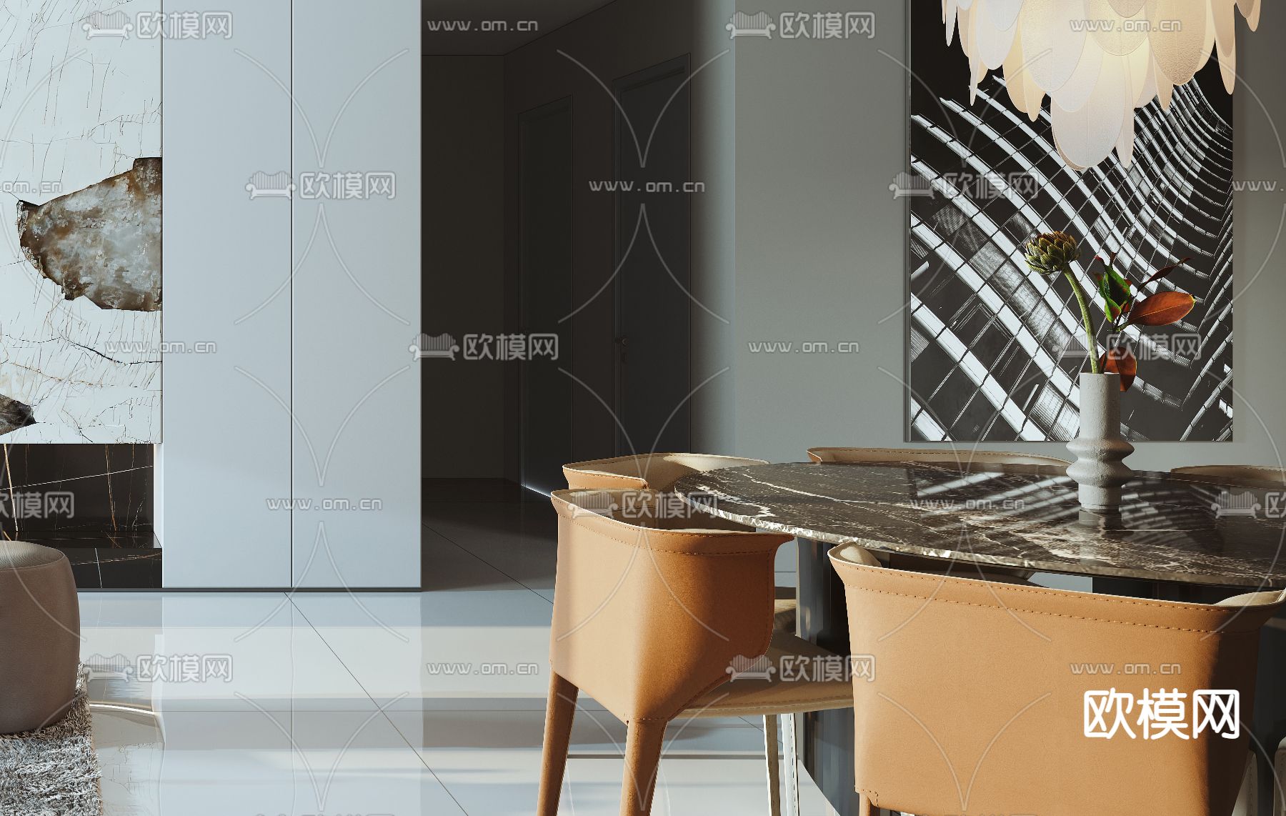 现代高级灰客厅餐厅3d模型下载（渲染图6）