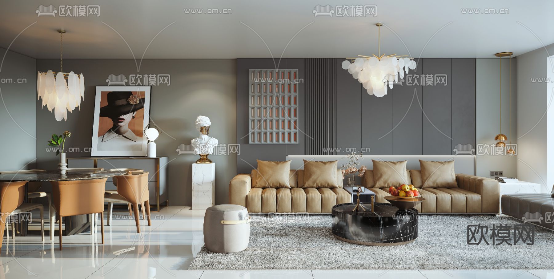 现代高级灰客厅餐厅3d模型下载（渲染图1）