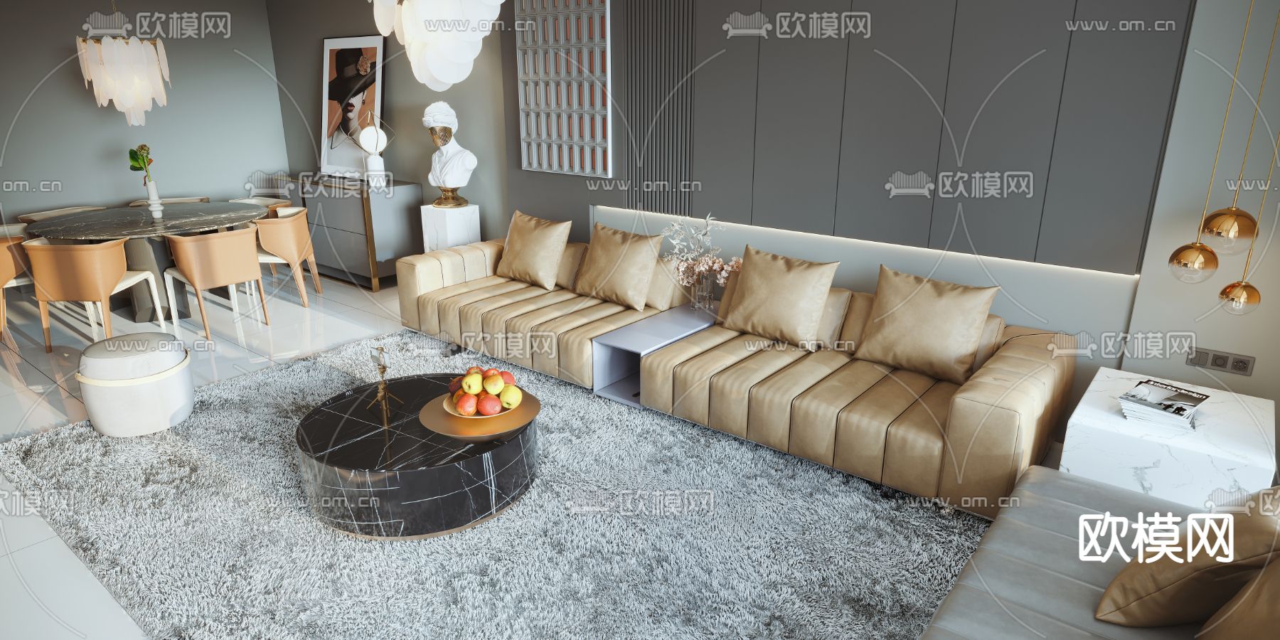 现代高级灰客厅餐厅3d模型下载（渲染图3）