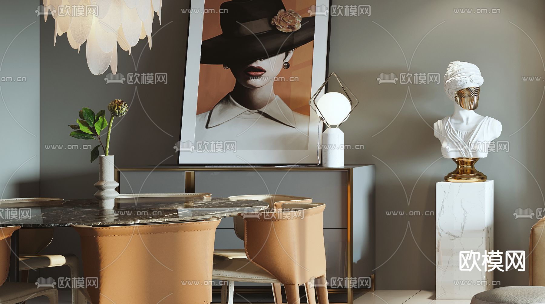 现代高级灰客厅餐厅3d模型下载（渲染图5）