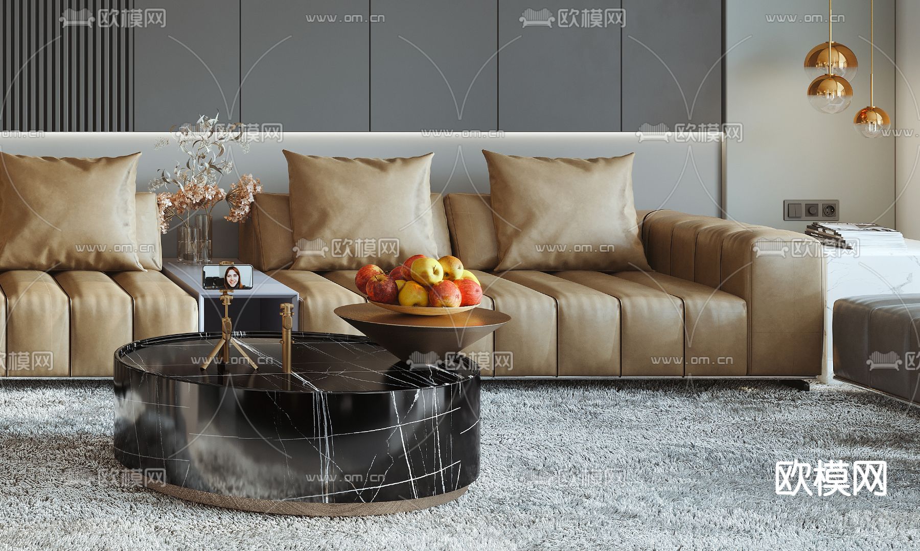 现代高级灰客厅餐厅3d模型下载（渲染图8）