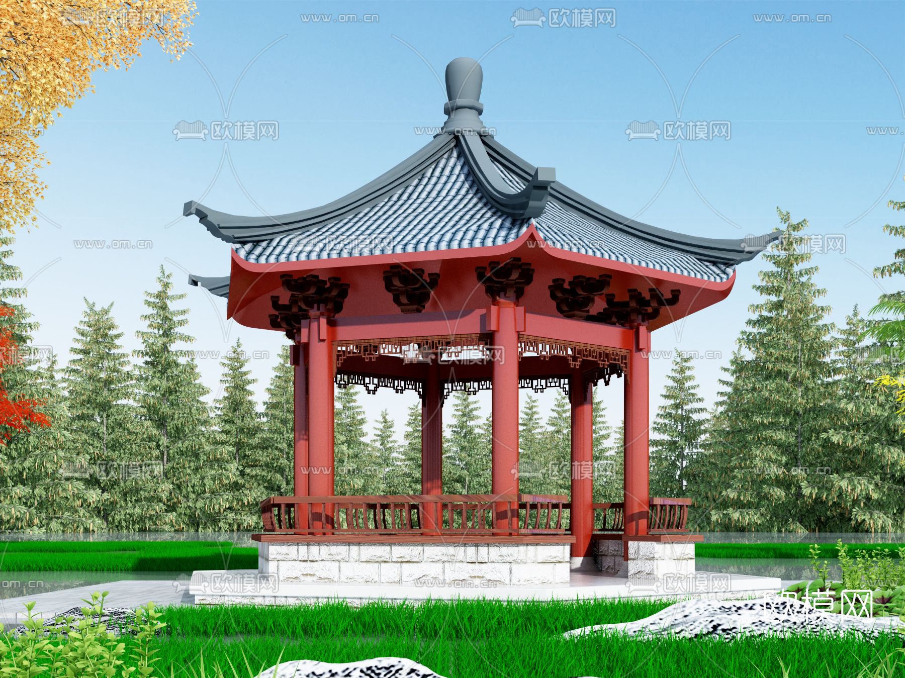 新中式凉亭免费3d模型下载