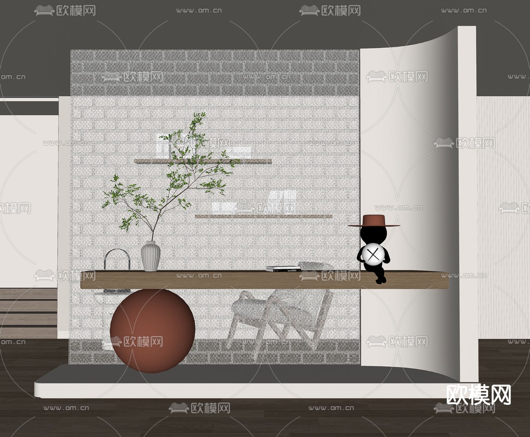 侘寂风玄关隔断su模型下载（渲染图2）