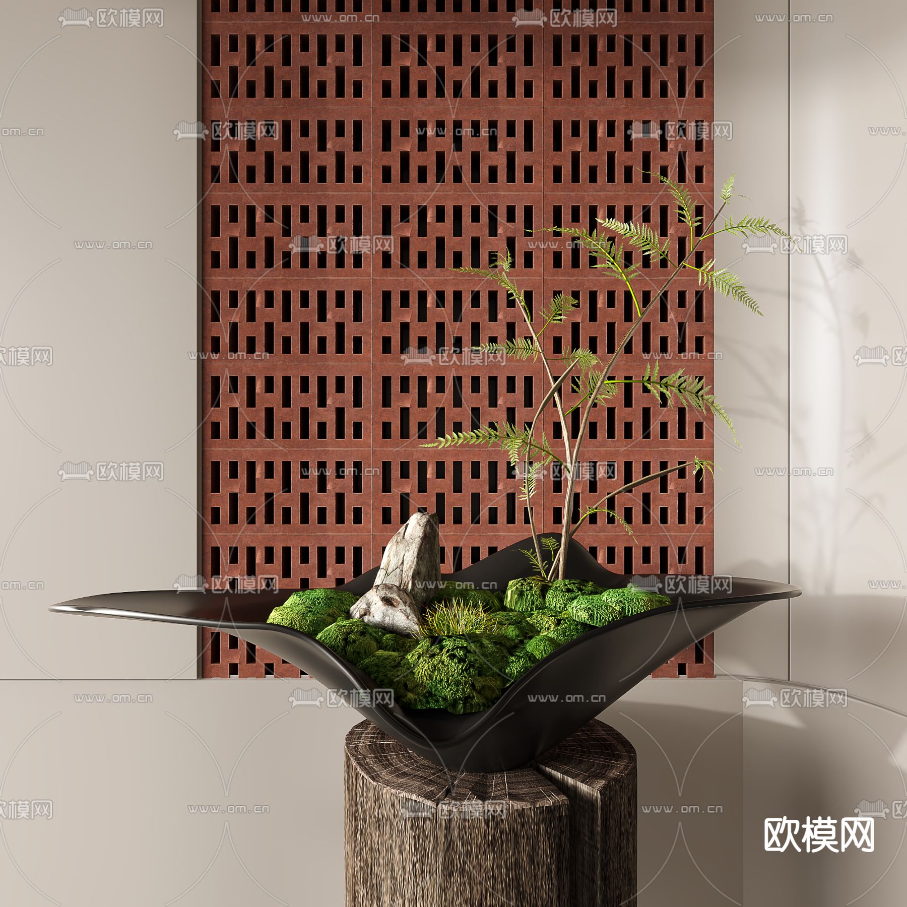 新中式苔藓绿植盆栽3d模型