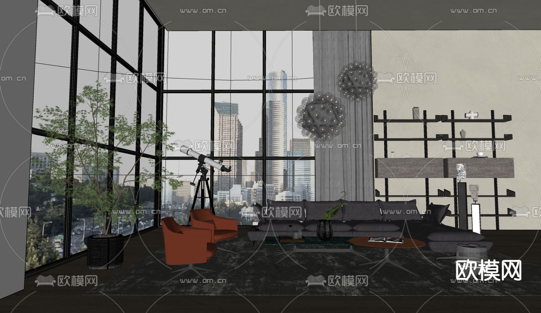 后现代轻奢别墅客厅su模型