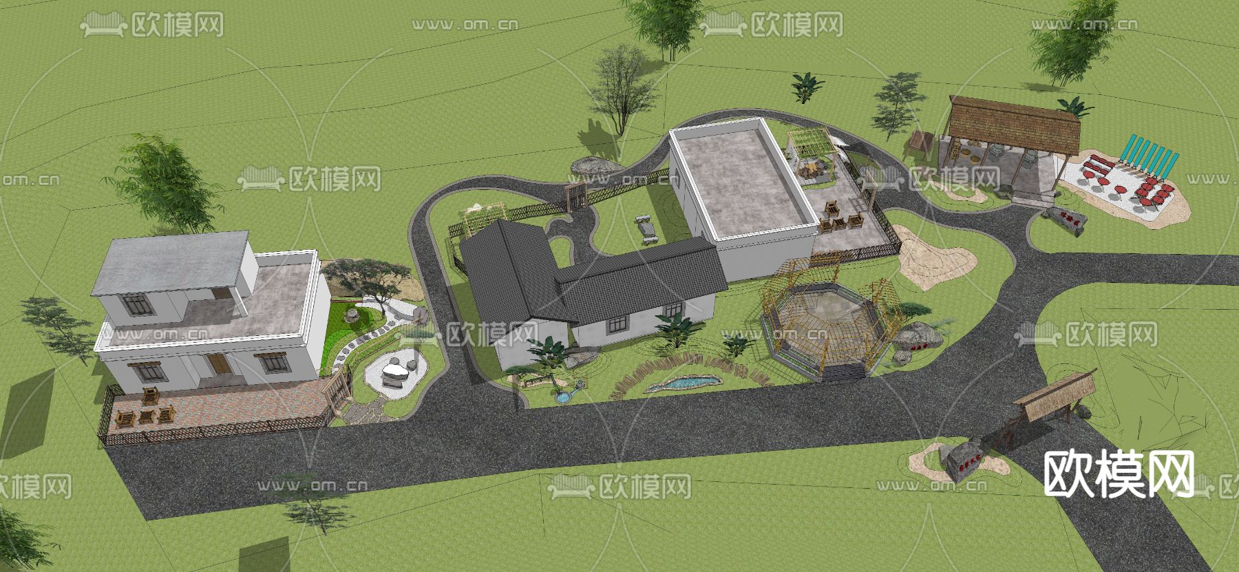 新中式农家乐庭院景观su模型下载（渲染图4）