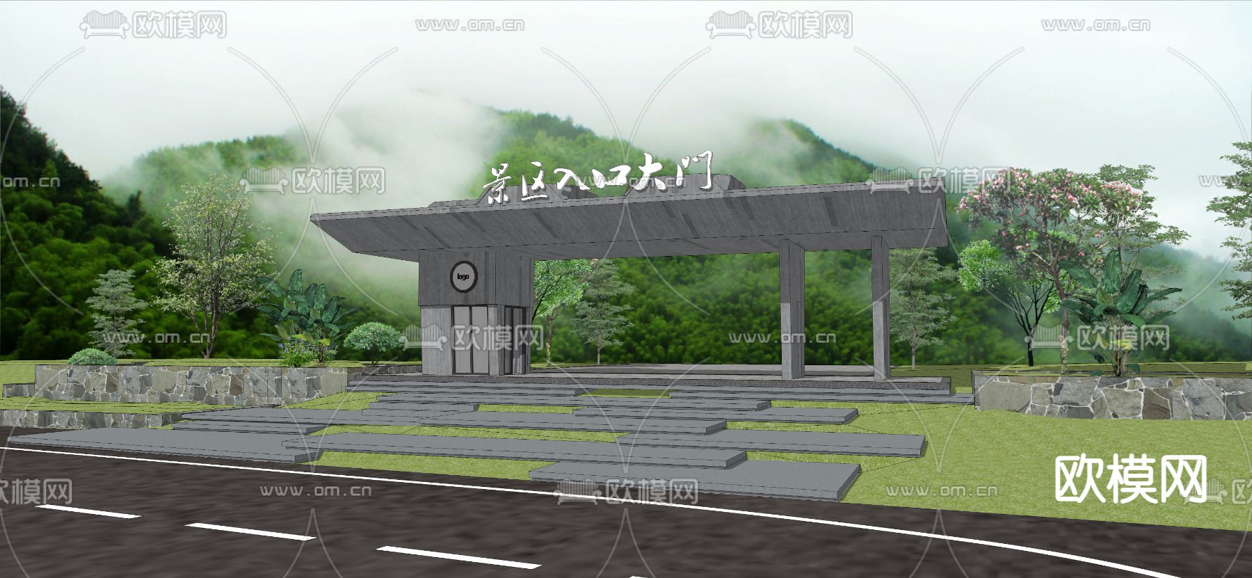 现代示范区景观su模型下载（渲染图2）