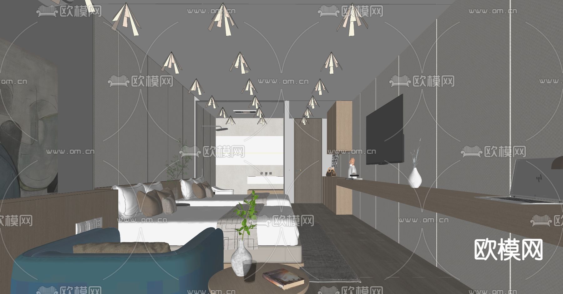 现代酒店客房su模型下载（渲染图3）