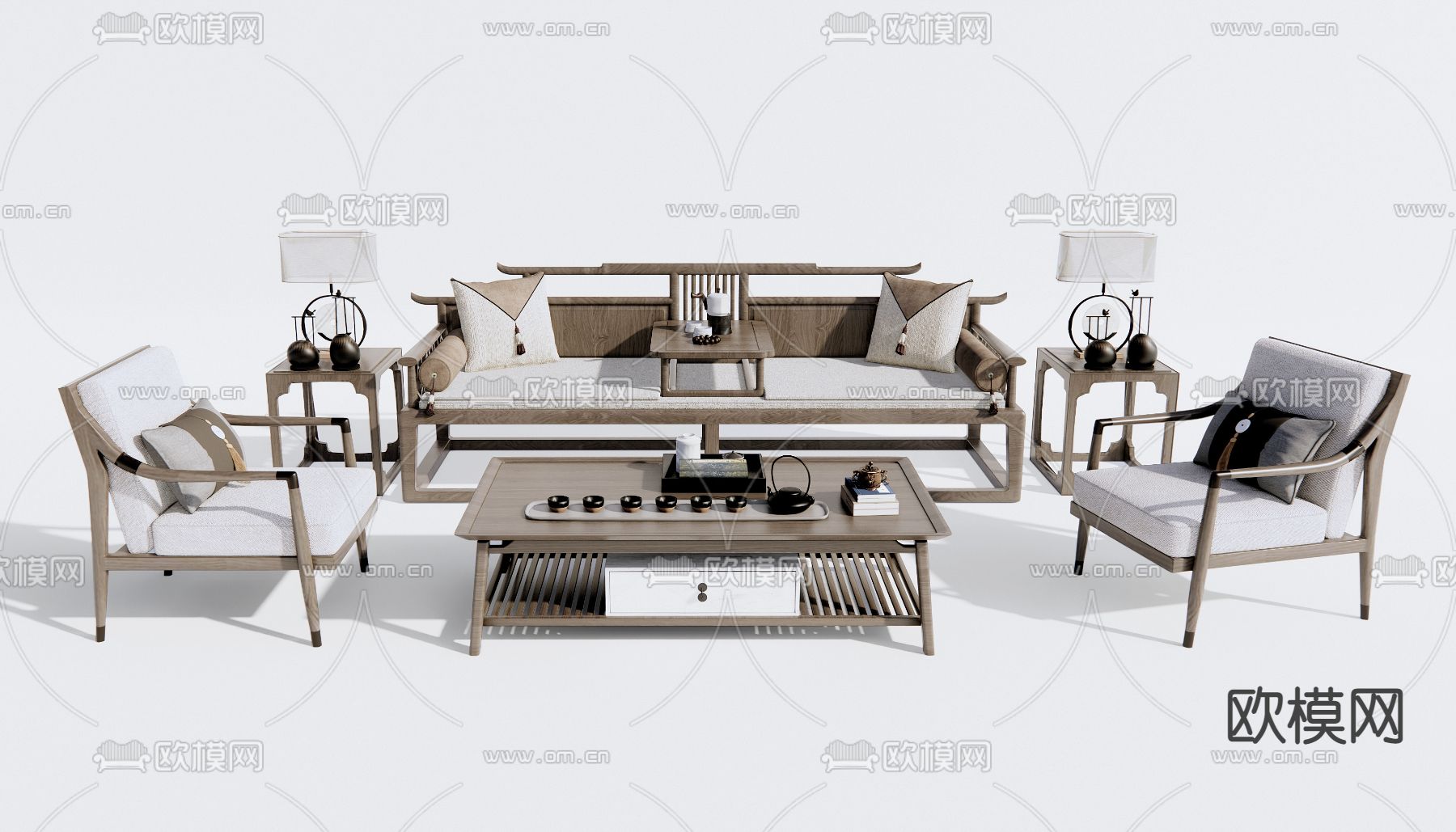 新中式实木沙发组合su模型下载（渲染图1）