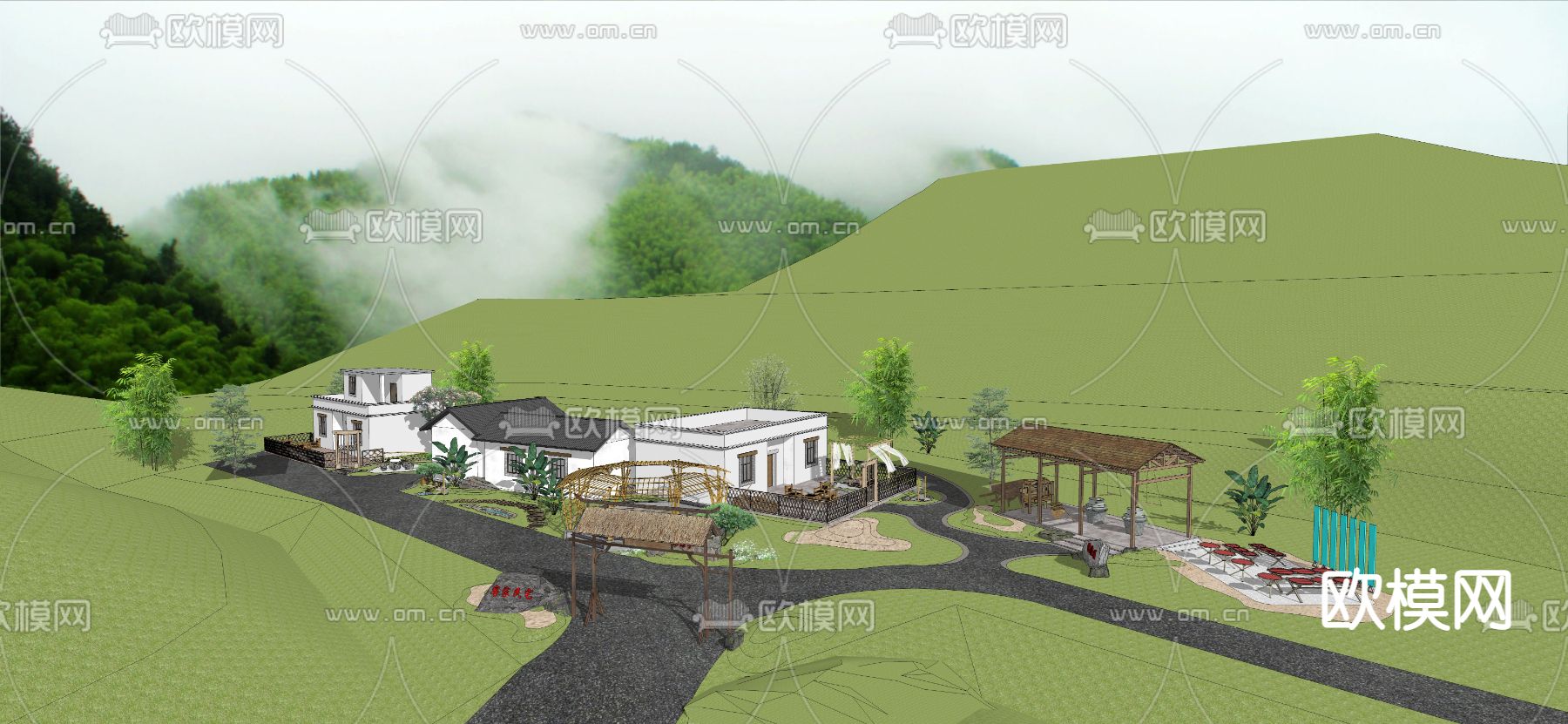 新中式农家乐庭院景观su模型下载（渲染图3）