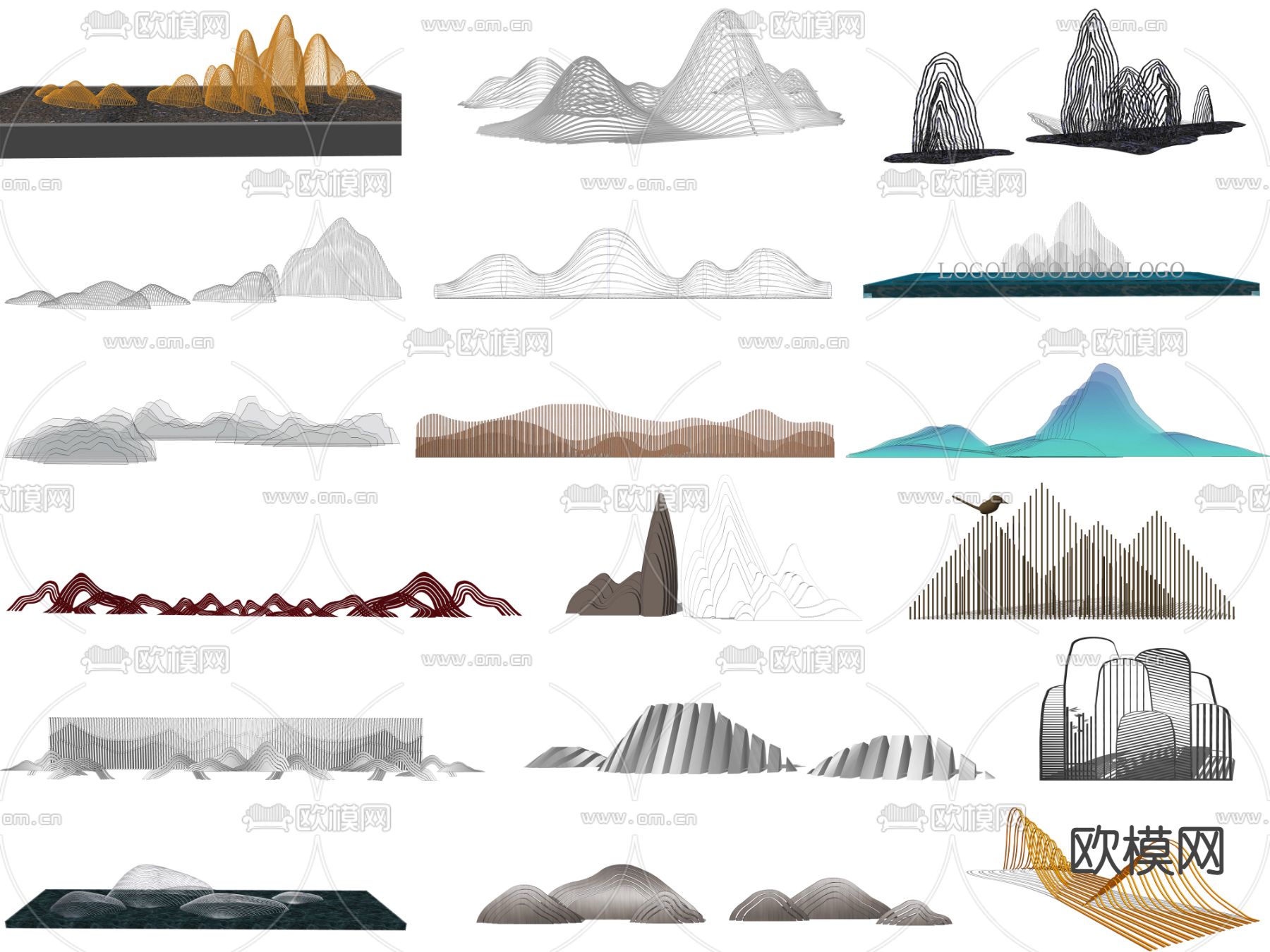 现代金属线条假山雕塑su模型下载（渲染图2）