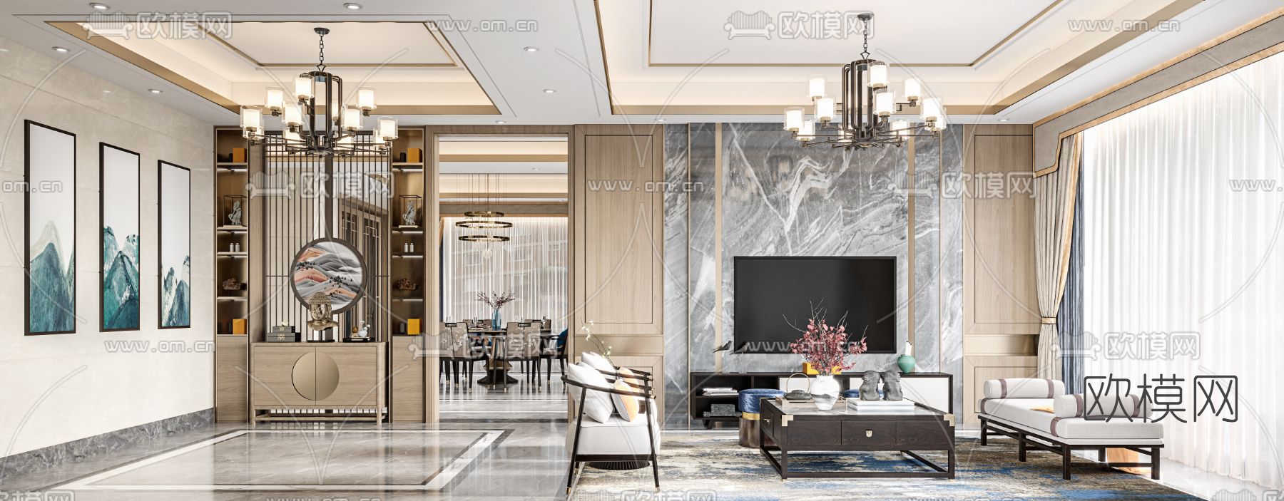 新中式客厅餐厅免费3d模型下载（渲染图1）